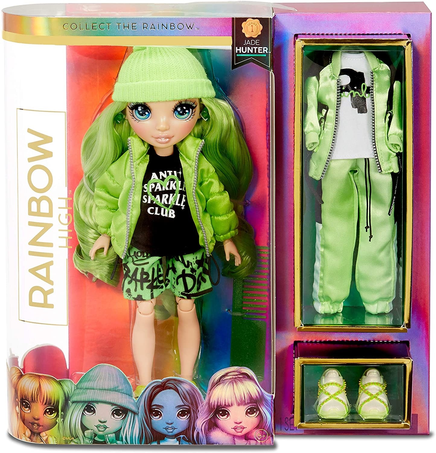 Rainbow High Collectible Fashion Dolls - Abiti Firmati, Accessori e Supporto - Jade Hunter - Serie Rainbow High