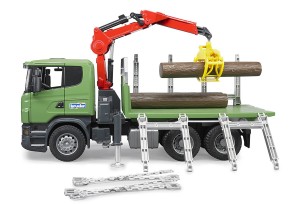 Set Camion per il trasporto di legna, con gru, benna prensile e 3 tronchi, serie Scania R