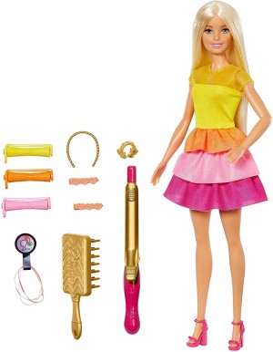 Barbie - Ricci Perfetti Bambola Bionda con capelli Lunghi da pettinare, Bigodini e Accessori